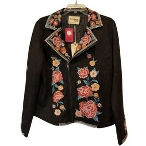 Savanna Jane Womens M Black Faux Suede Floral Embroidered Moto Jacket NWT